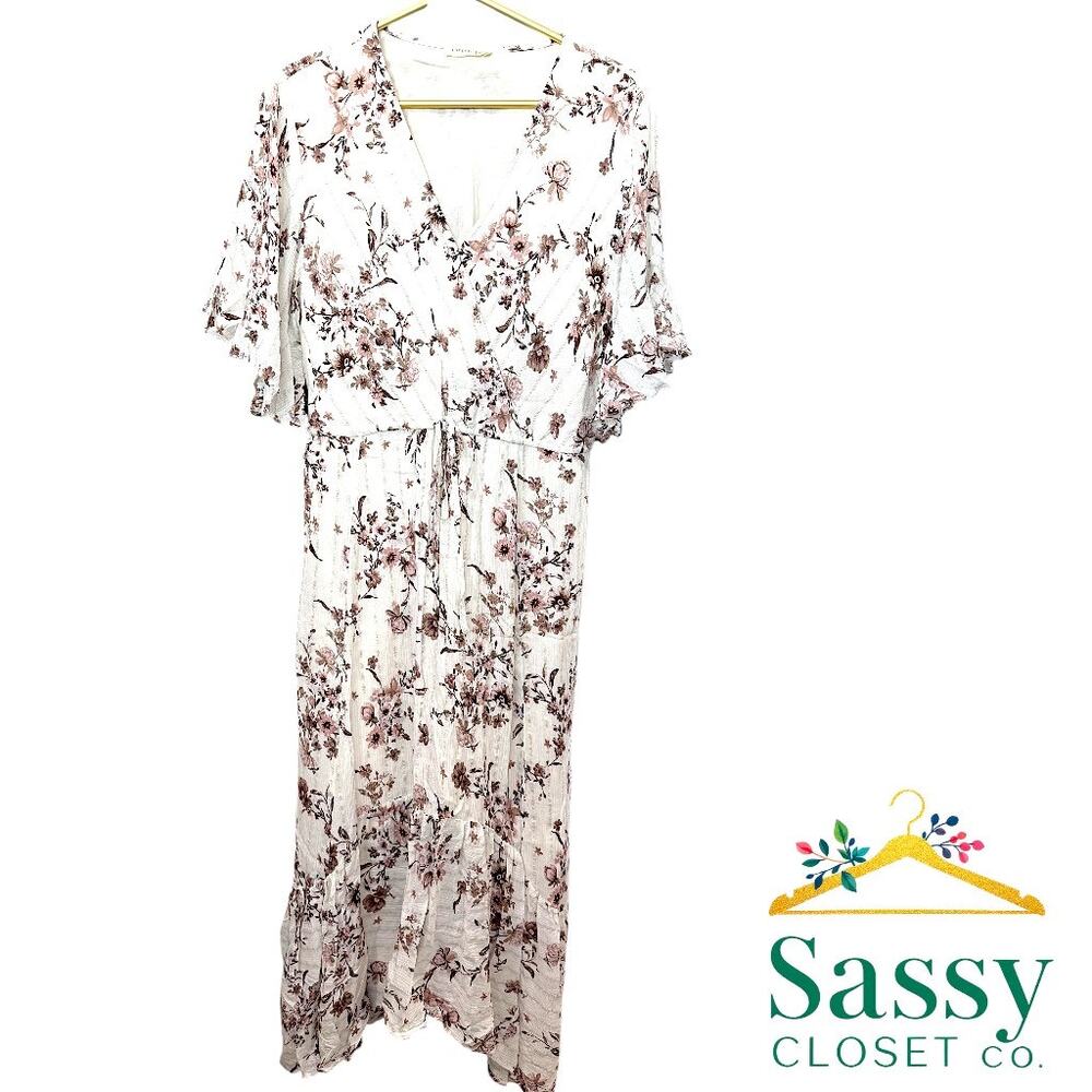 ✨ LOVESTITCH Metallic Floral Flutter Sleeve Maxi Dress L High Low Boho 🌸
